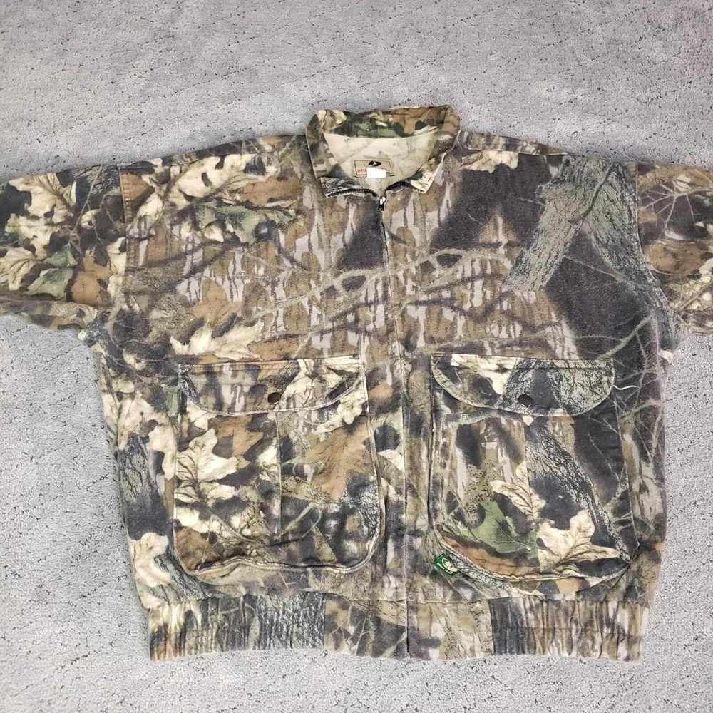 VTG Mossy Oak Jacket Mens XL Camo Zip Up Mock Neck Hunting Pockets Made in USA